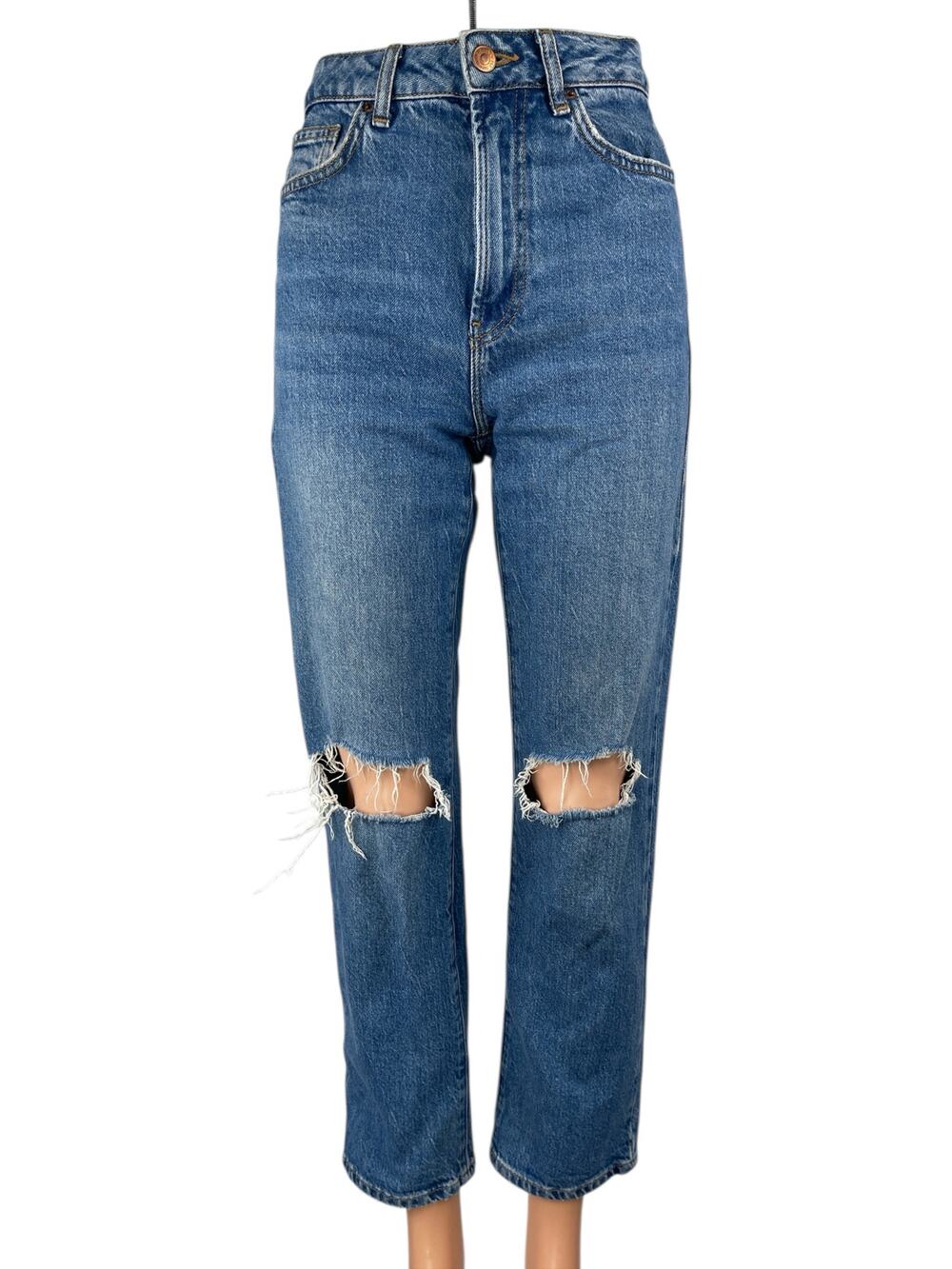 New Look Women's Blue Distressed High Waisted Straight Denim Mom Jeans Pants 2